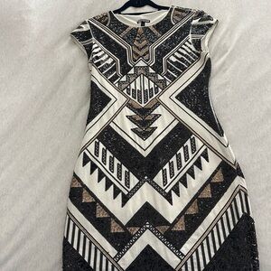 Geometric Patterned Dress in Black, Gold and White